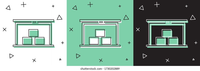 Establezca el icono Almacén aislado en fondo blanco y verde y negro.  Ilustración vectorial