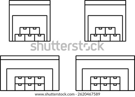 Set of warehouse icons with luggage in square and rectangular shapes