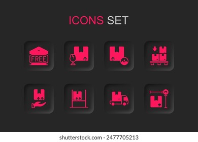 Set Warehouse interior with boxes, Package fragile content, Free storage, Delivery cargo truck, Cardboard pallet, measurement, Carton cardboard and hand icon. Vector