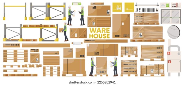 Set of warehouse interior inventory isolated on white background. Different types of boxes, stacks of pallets, metallic shelves. Workers in uniform package in film cardboard boxes. Vector illustration