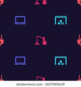Set Warehouse, Laptop, Robotic robot arm hand factory and Electric plug on seamless pattern. Vector