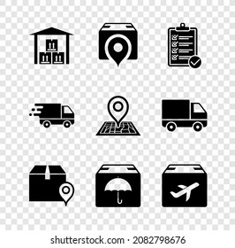 Set Warehouse, Location with cardboard box, Verification of delivery list, Delivery package umbrella, Plane and, truck in movement and Placeholder map icon. Vector