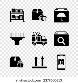 Set Warehouse, Plane and cardboard box, Delivery package with umbrella, Cargo ship boxes, This side up, Mobile app tracking, Scanner scanning bar code and truck gift icon. Vector