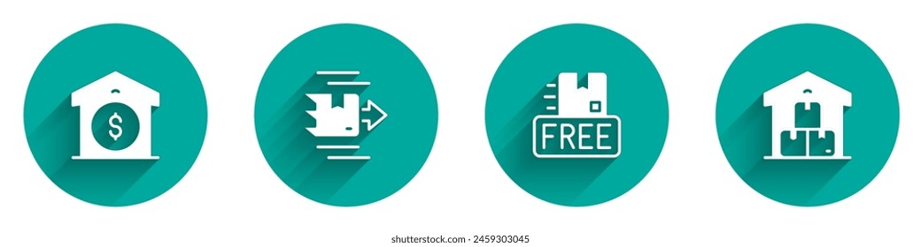 Set Warehouse price, Carton cardboard box, Cardboard with free symbol and Full warehouse icon with long shadow. Vector