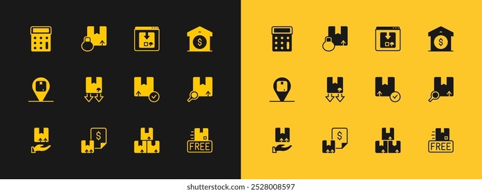 Set Warehouse price, Waybill, Carton cardboard box, Cardboard with traffic symbol, Online app delivery tracking, Calculator and  icon. Vector