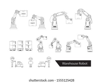 Set of warehouse robots outline isolated vector illustration