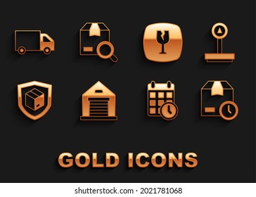 Set Warehouse, Scale, Cardboard box with clock, calendar, Delivery security shield, Fragile broken glass, cargo truck and Search package icon. Vector