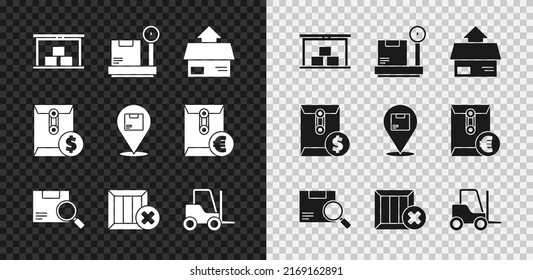 Set Warehouse, Scale with cardboard box, Carton, Search package, Wooden and delete, Forklift truck, Envelope dollar symbol and Location icon. Vector