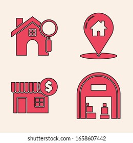 Establecer almacén, Casa de búsqueda, Puntero de mapa con casa y casa con símbolo de dólar icono. Vector