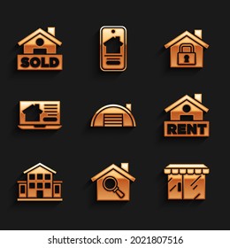 Set Warehouse, Search, Market store, Hanging sign with Rent, House, Online real estate, under protection and text Sold icon. Vector