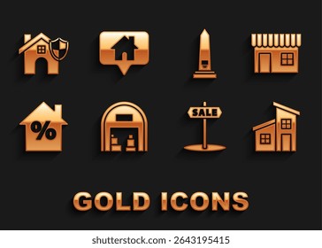 Set Warehouse, Shopping building or market store, House, Hanging sign with text Sale, percant discount tag, Washington monument, shield and Map pointer icon. Vector