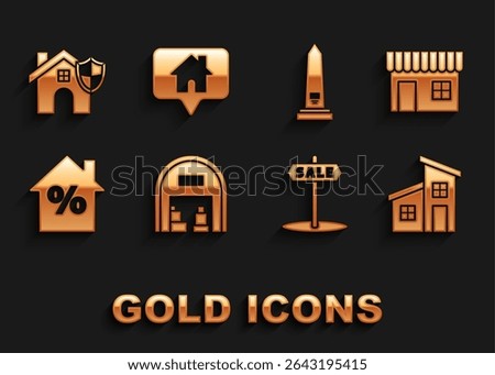 Set Warehouse, Shopping building or market store, House, Hanging sign with text Sale, percant discount tag, Washington monument, shield and Map pointer icon. Vector