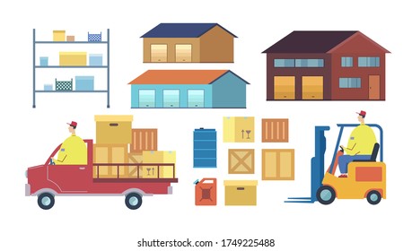 Set of warehouse and transportation elements. Logistics center, delivery service. Loading goods, shipping. Forklift, truck, boxes, cargo, warehouse buildings. Vector flat illustration, cartoon style