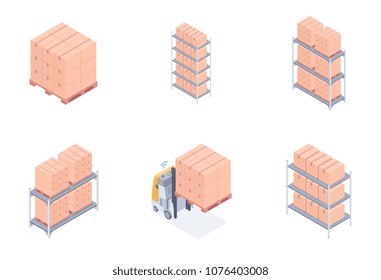 Set of warehouse units including racks with cardboard boxes, pallet racks, loaded wooden pallet and forklift. Concept of modern warehouse. Vector 3d isometric illustrations on white background.