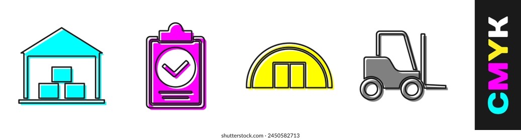 Set Warehouse, Verification of delivery list clipboard, Warehouse and Forklift truck icon. Vector