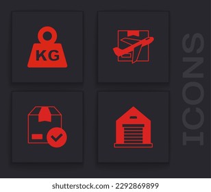 Set Warehouse, Weight, Plane and cardboard box and ackage with check mark icon. Vector
