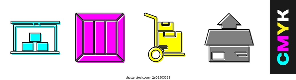 Set Warehouse, Wooden box, Hand truck and boxes and Carton cardboard box icon. Vector
