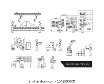 Set of warehouse worker character vector illustration