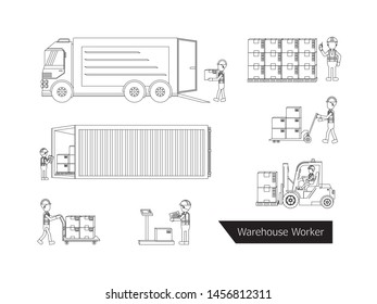 Set of warehouse worker or delivery man process outline vector illustration