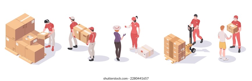 Conjunto de trabajadores de almacén y compradores en diseño isométrico 3d. Pila de cajas de cartón y cajas de cartón aisladas sobre fondo blanco. Recogida de envío de tienda en línea con productos envasados. Ilustración del vector