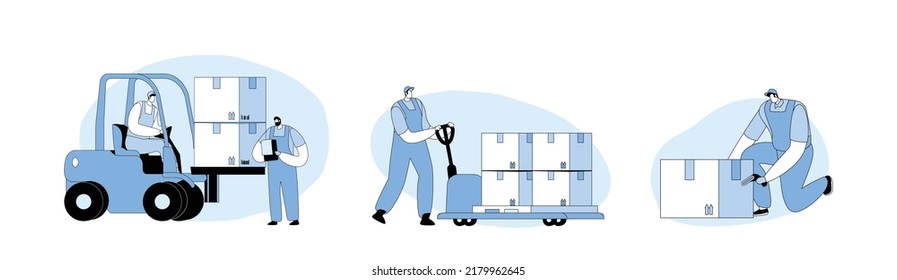 Set Warehouse Workers Loading, Stacking Goods with Electric Hand Lifters and Forklift Truck and Scanning Bar Code. Industrial Logistics and Merchandising Business. Line Art Flat Vector Illustration