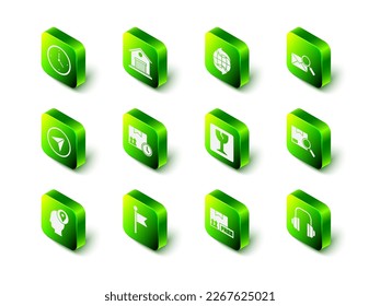 Set Warehouse, Worldwide, Envelope with magnifying glass, Search package, Headphones, Fragile broken, Cardboard box free symbol and Location marker icon. Vector