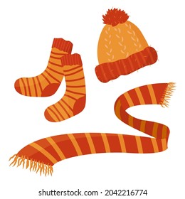 A set of warm autumn clothes - colorful designs for cold weather - an orange woolen hat, striped socks, an orange scarf. Isolated vector illustrations on white background.