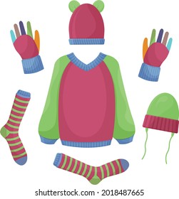 A set of warm autumn clothes, such as a sweater, gloves, warm socks and red and green hats. Autumn-winter set of clothes for walking in cold weather. Vector illustration on a white background