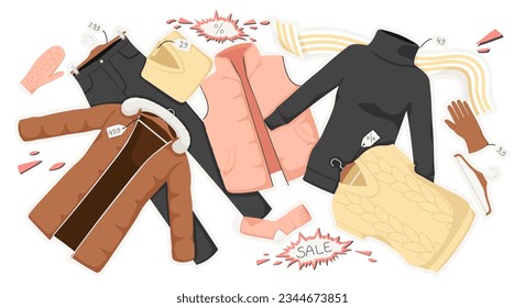 Set of warm autumn, fall clothes, collection sale. Pink and beige vest, black pants, scarf, gloves, socks, jacket. Huge discount, shopping. Stylish outfit. Vector illustration.