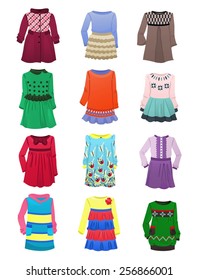 Set of warm children's dresses with long sleeves isolated on a white background