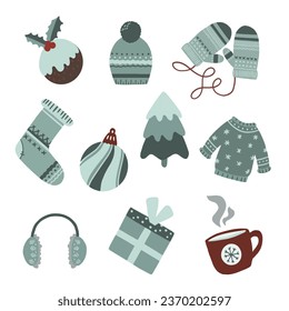 A set of warm Christmas items. Hat, mittens, scarf, sweater, New Year's toys, warm socks. Vector images of clothes, things from the cold.