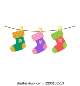 A set of warm Christmas socks with white snowflakes. Vector Christmas socks. Flat vector illustration.