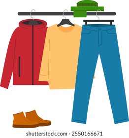 Set of warm clothes for adults on a hanger. Vector illustration with transparent background.