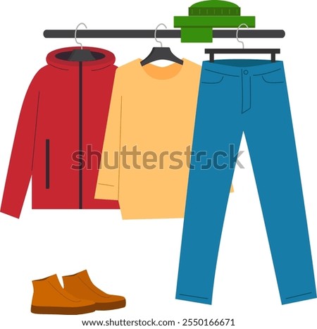 Set of warm clothes for adults on a hanger. Vector illustration with transparent background.