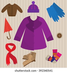A set of warm clothes coat, gloves, jacket, scarf, hat, umbrella, boots.