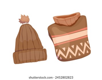 Set of warm clothes. Colorful hand drawn stickers of knitted hat and woolen sweater for winter and cold weather. Icons with cozy apparel. Cartoon flat vector illustrations isolated on white background