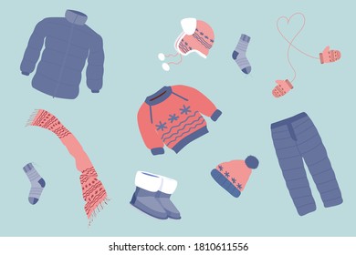 a set of warm clothes consisting of warm pants, jackets, boots, sweaters, hats, scarves and mittens on a light blue background