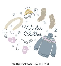 Set of warm clothes frame for sale banner, motivational quote, cozy winter, knitting hobby theme card, flyer, web banner, invitation Isolated on white background