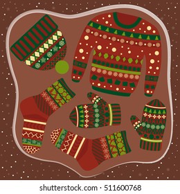 set of warm clothes with knitted pattern