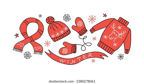 Set of warm clothes, winter icons. Christmas, holiday. Vector new year badges in doodle style. Christmas ornament. Illustrations on  isolated background.