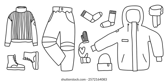 Set of warm clothes. Winter jacket, trousers, mittens and hat. Line drawing, flat vector illustration, eps10
