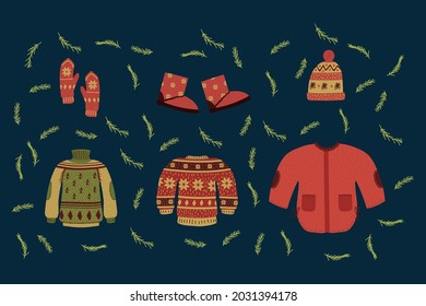 A set of warm clothes for winter. Outerwear woolen jumper, sweater, coat, winter boots, scarf, hat, mittens. A collection of winter seasonal clothing. Vector illustration