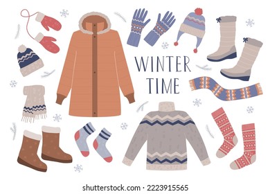 Set warm clothes with winter time inscription.