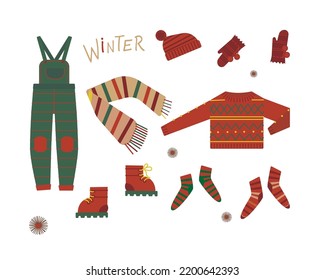 A set of warm and colorful green red clothing and shoes elements to create a festive and cosy design sale