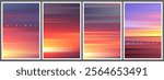 Set of warm and colorful summer gradient posters in minimal style. Beautiful ocean beach horizon with sunrise or sunset. Trendy design with blurred background for banner, flyer, cover or invitation