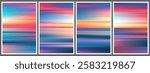 Set of warm and colorful summer gradient posters in minimal style. Beautiful ocean beach horizon with sunrise or sunset. Trendy design with blurred background for banner, flyer, cover or invitation