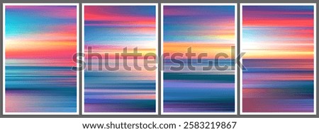 Set of warm and colorful summer gradient posters in minimal style. Beautiful ocean beach horizon with sunrise or sunset. Trendy design with blurred background for banner, flyer, cover or invitation