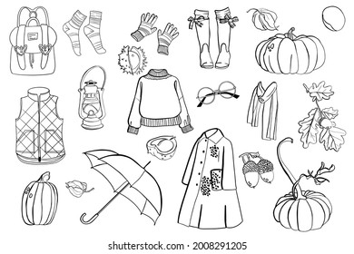 Set of warm cozy autumn clothes - sweater, vest, scarf, rubber boots, socks, umbrella, coat, pumpkin, oak leaves freehand drawing, vector set of doodle style elements, black outline