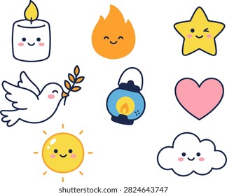 Set of warm and cozy kawaii illustrations featuring a smiling candle, orange fire flame, yellow star, dove with branch, blue lantern, pink heart, happy sun, and soft grey cloud symbols for comfort