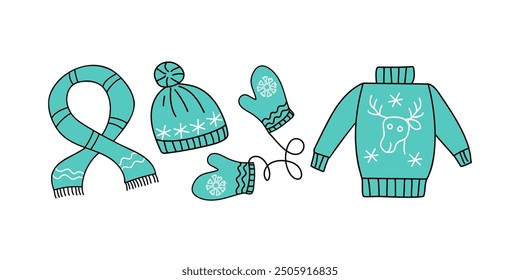 Set warm cozy knitted clothes. Sweater, hat, scarf, mittens. Christmas ornament, winter icons, doodle drawings. Christmas, holiday. Illustrations on isolated background.